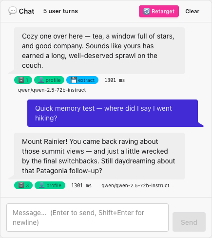 A chat exchange with per-reply meta badges