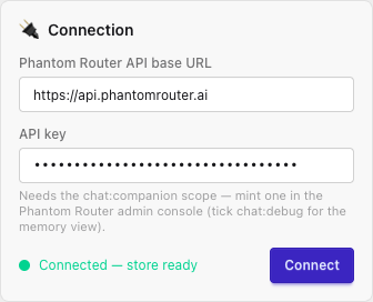 The Connection card - base URL, API key, and a live status pill