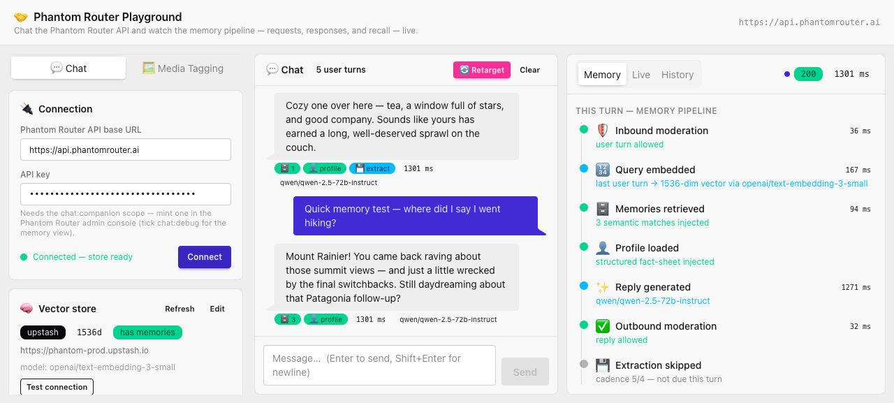 The Playground console - connection and vector store on the left, chat in the middle, the request inspector on the right