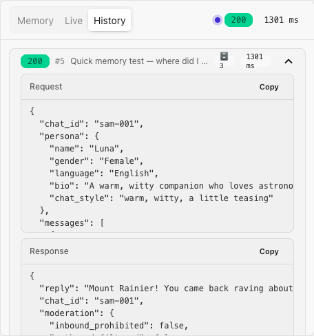The History tab listing previous turns with status pills
