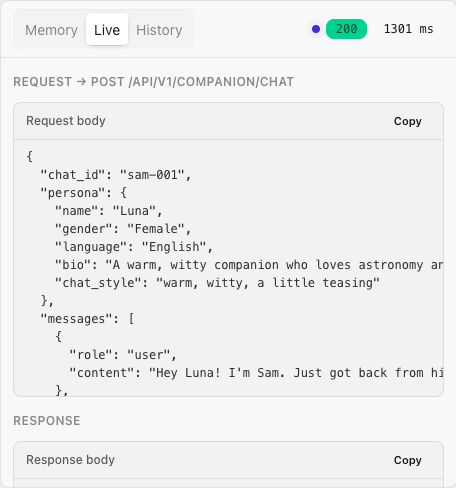 The Live tab showing the request and response JSON with status and latency