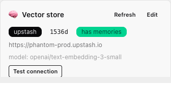 The Vector store card with the Upstash configuration form