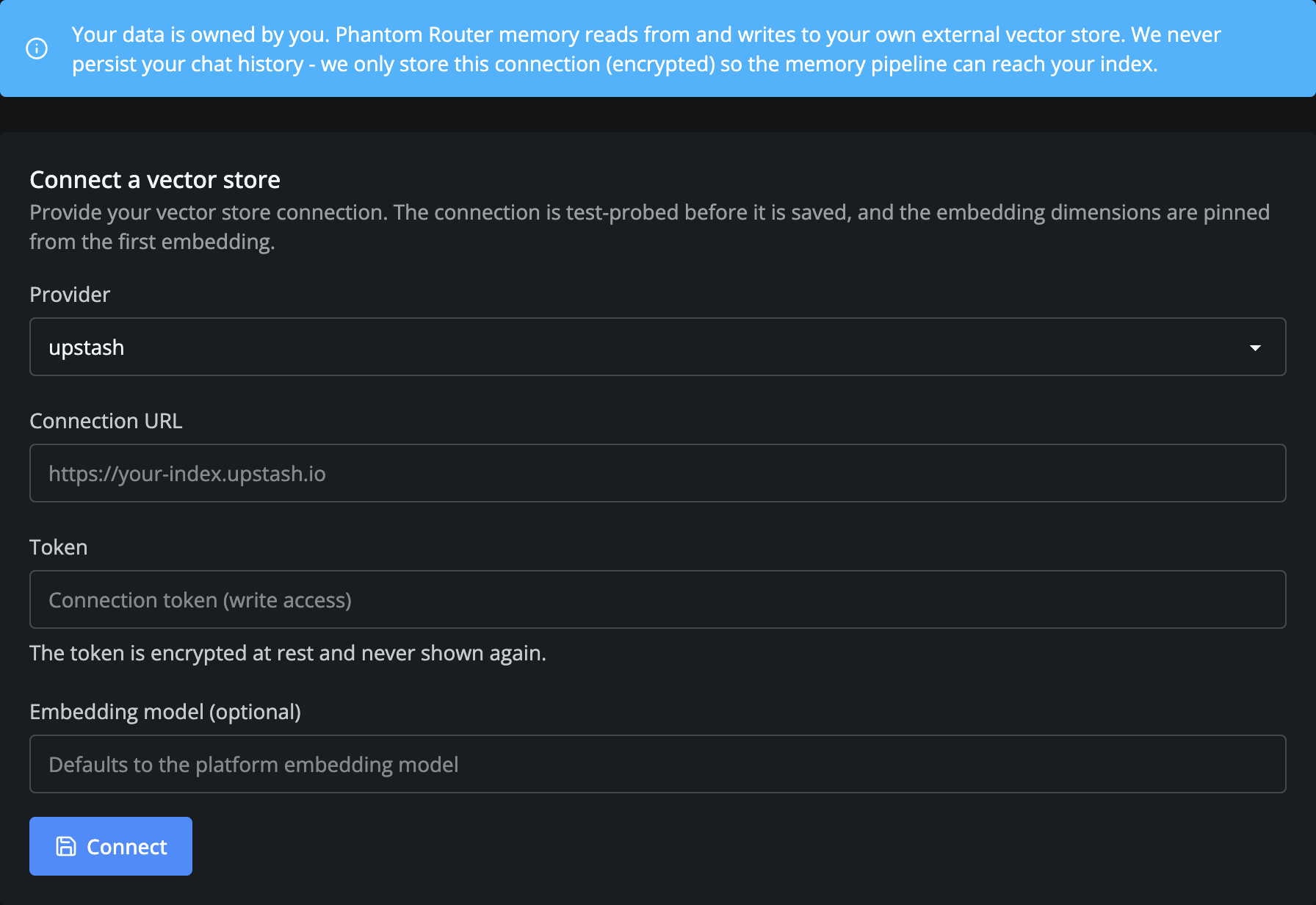 The Phantom Router console - the Connect a vector store form with provider, connection URL, token, and embedding model fields