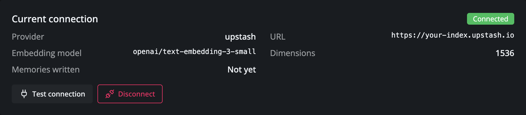 The Current connection card showing provider, URL, embedding model, dimensions, and a Connected badge